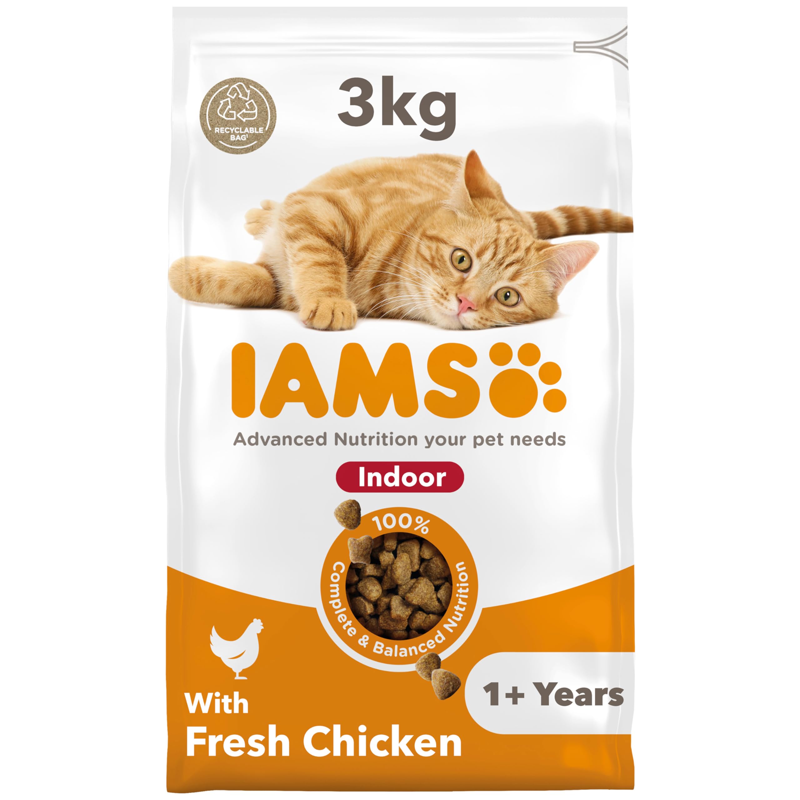 IAMS Indoor Complete Dry Cat Food Chicken 3kg - Litter Odour Control, Hairballs & Weight Management