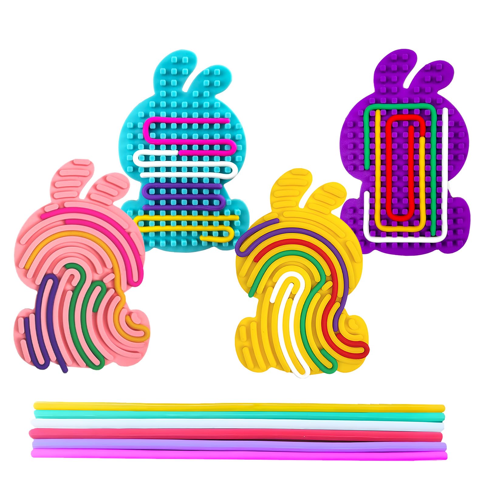 YQUQWN Easter Bunny Sensory Activity Board 4 Pcs Double Sided Silicone Fidget Toy with 24 Silicone Strings for Kids Boys Girls Calming for Anxiety Easter Basket Stuffers Party Favors Gifts