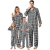 QZH.DUAO Family Flannel Pajamas For Mens, 2-Piece Button Down Sleepwear Plaid Christmas Pjs Set, Black White, US L