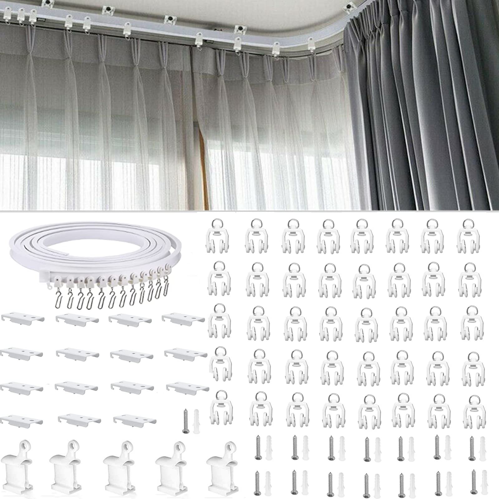 Binwat Flexible Plastic PVC Curtain Track Room Divider Curtain Rod Runner Rail RV Rail Shower Corner Long Curved Hospital Privacy System Wall Ceiling Mounted Fixing Hooks (5 meter,Top clamping)