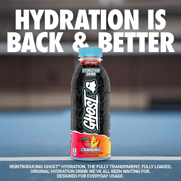 GHOST HYDRATION DRINK, STRAWBANGO – RTD SPORTS DRINK WITH ELECTROLYTES, NATURAL VITAMINS & MINERALS – ALL DAY LIFESTYLE HYDRATION BEVERAGE – ZERO CAFFEINE & ZERO SUGARS – 16.9 FL OZ, 12 PACK