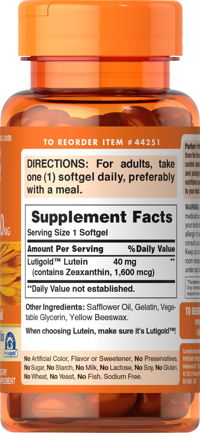 Puritan's Lutigold Lutein 40mg Zeaxanthin 1600 mcg 60 Softgels Free USA Shipping