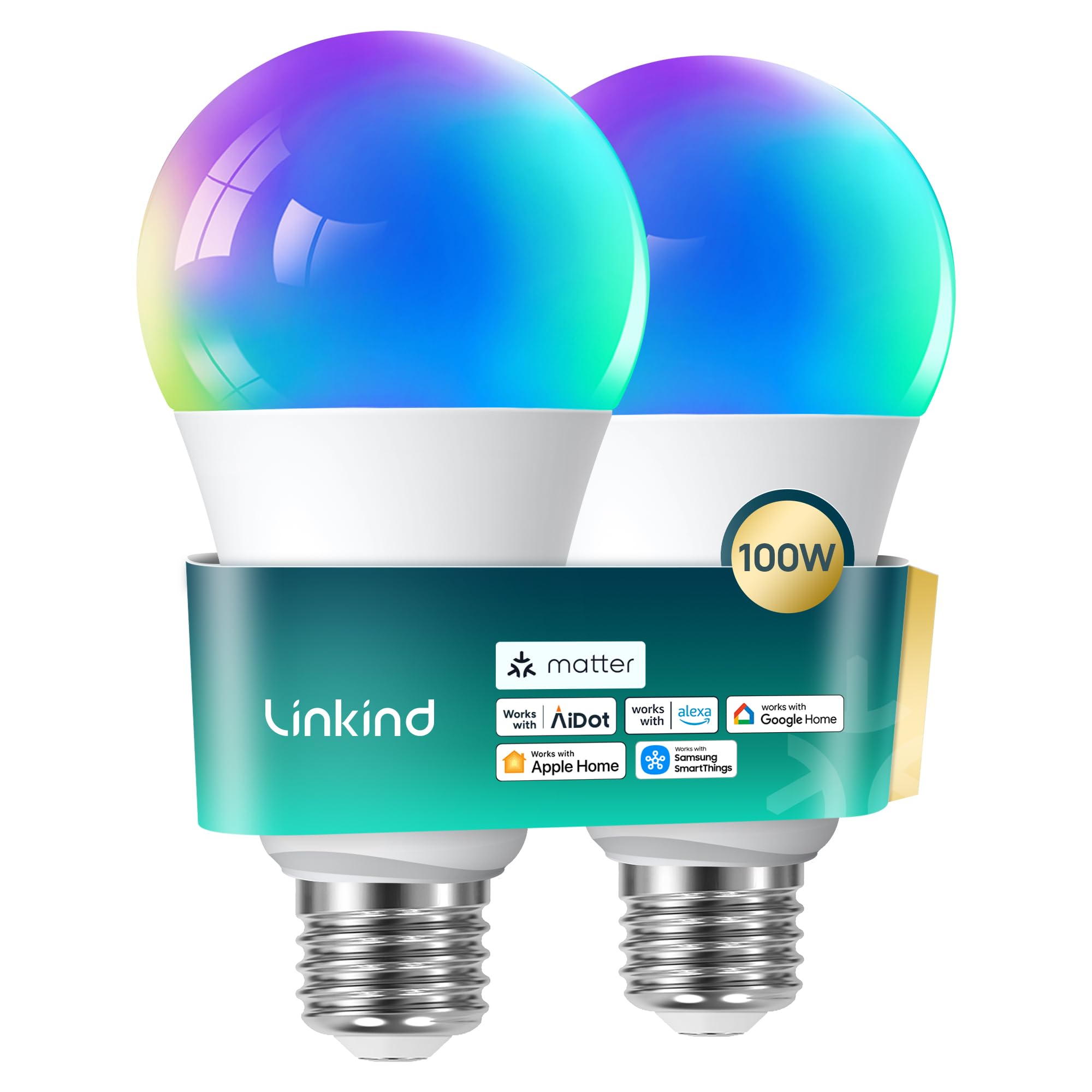 Linkind Matter E27 Smart LED Lampe 1600lm 14W, RGBTW & Weiß (1800-6500K), ersetzt 100W, 104 Szenen, 2,4GHz, kompatibel mit HomeKit/Alexa/Google/Siri/SmartThings, A67, 2er-Pack