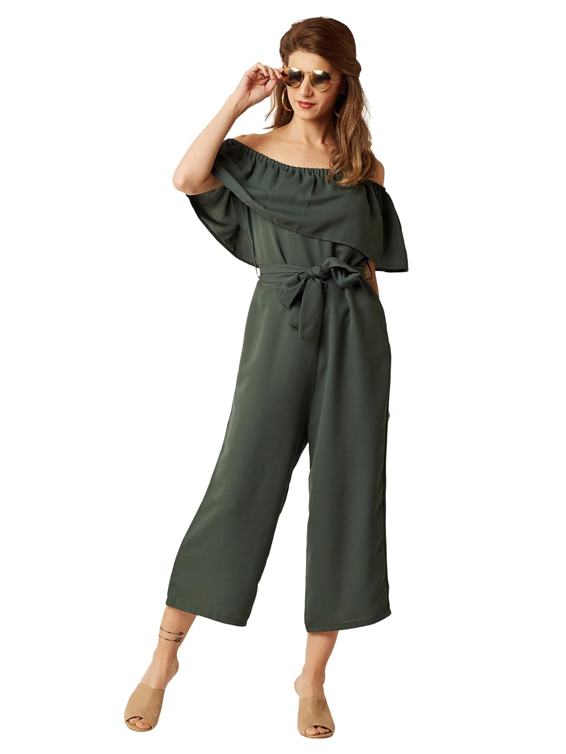 miss chase women's green off-shoulder tie-up midi jumpsuit