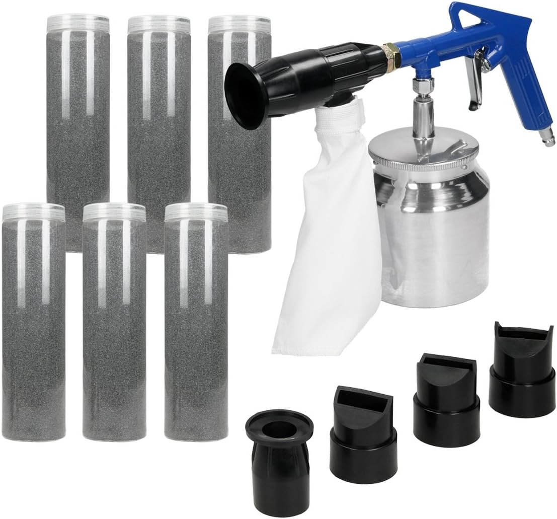 ECD Germany Air sandblaster gun sandblasting kit 8 pieces - 3-4 bar operating pressure - 850 ml tank with 4 Nozzles air recirculating sand blasting gun compressor with 4 x 0.8 kg sand set