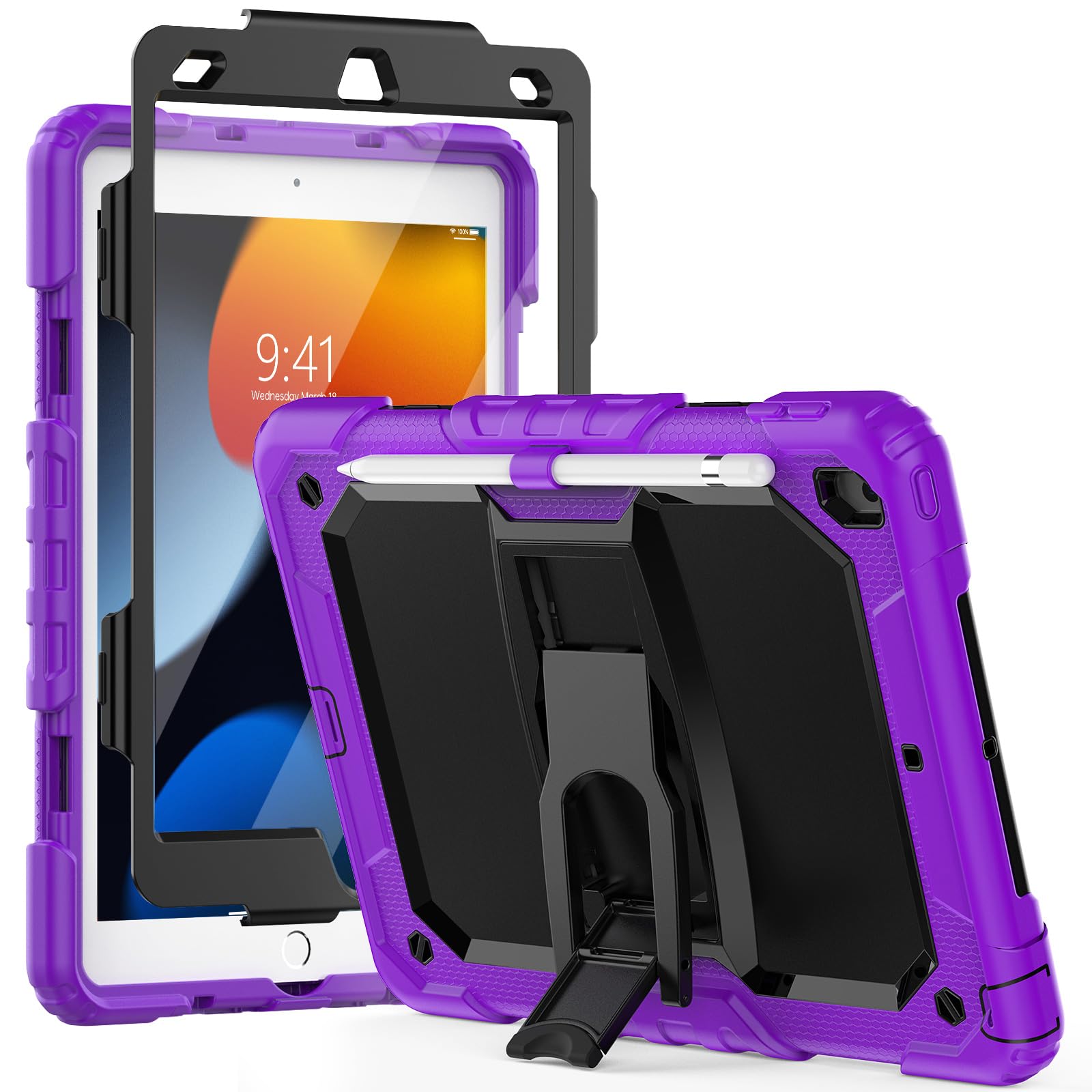 SEYMCY Shockproof Case for iPad 9th/8th/7th Generation 10.2 Inch 2021/2020/2019, Full-body Protection Case with Screen Protector, Built-in Folding Stand, Pencil Holder, Purple