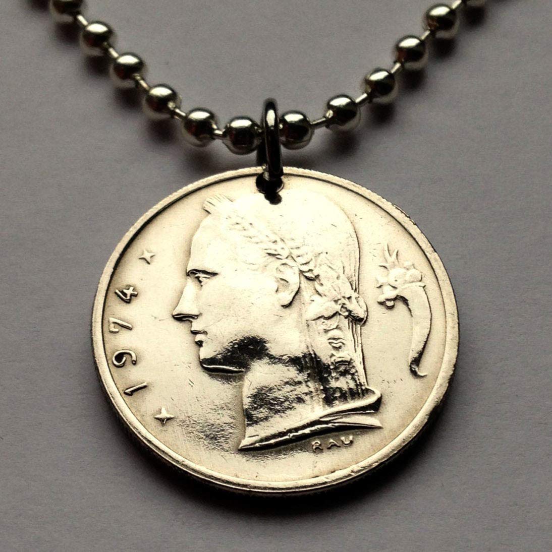 1973 or 1974 Belgium 1 Franc coin pendant Belgian lady Ceres Brussels Antwerp Mons Flanders Flemish Hasselt Kortrijk Ostend Ypres Dinant Ardennes n000233