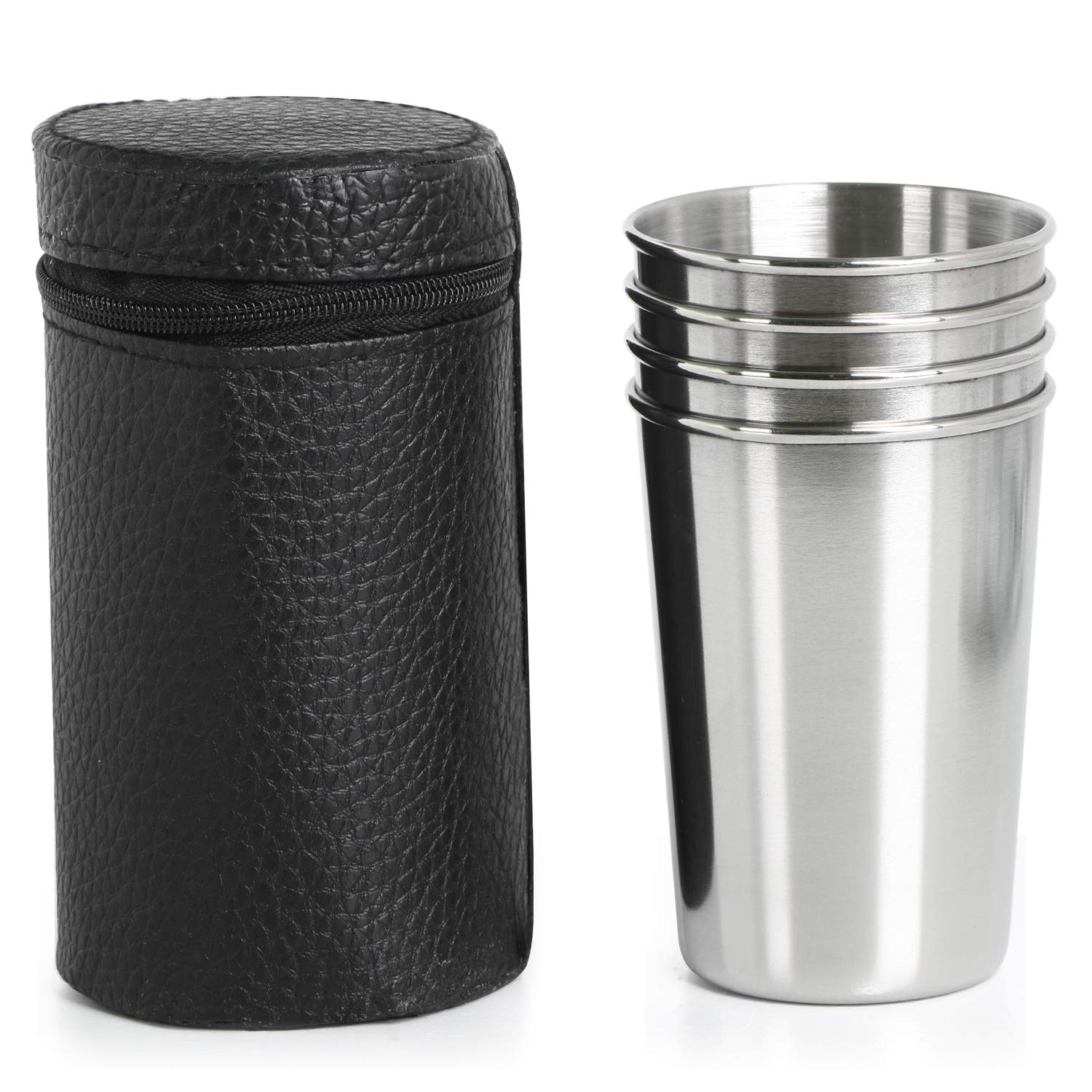 TRIXES 4 Pcs 175ml Compact Travel Stainless Steel Tumbler Glasses with PU Leather Pouch - Camping Travel Cup Mug Coffee Tea Drinking Portable Cups