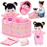 OUOZZZ Baby Doll Accessories with Soft Doll, Bassinet, Blanket and Bottle | Asian Doll Toys for 2 Year Olds Girls Birthday Gift, Interactive Pretend Playset for Preschool, Home