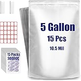 15 Pcs 5 Gallon Mylar Bags for Food Storage, 10.5 Mil Mylar Bags with Oxygen Absorbers 2000cc (15 Single Sealed), Stand-Up Zi
