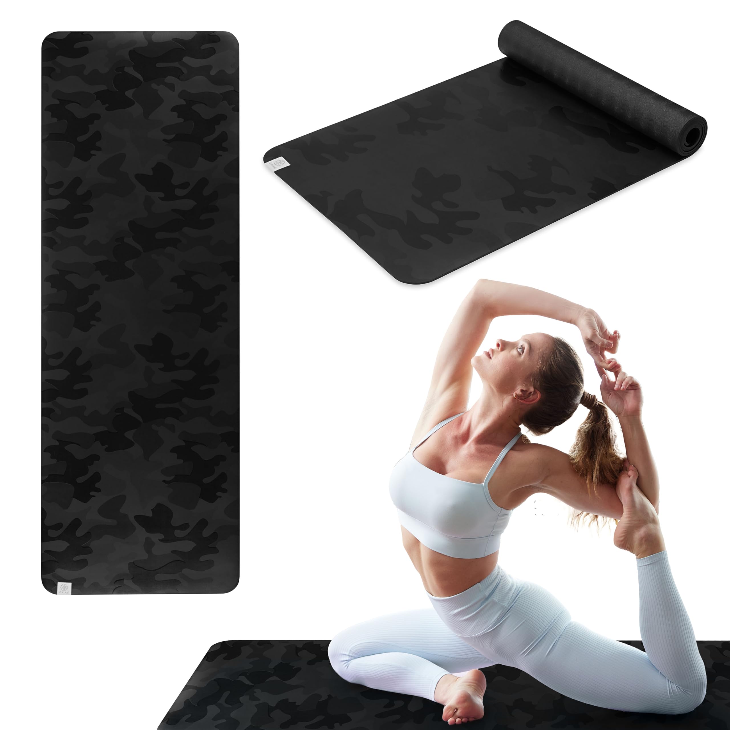 Gaiam Dry-Grip Yoga Mat - 5mm Thick Non-Slip Exercise & Fitness Mat for Standard or Hot Yoga, Pilates and Floor Workouts - Cushioned Support, Non-Slip Coat - 68 x 24 Inches - Camo