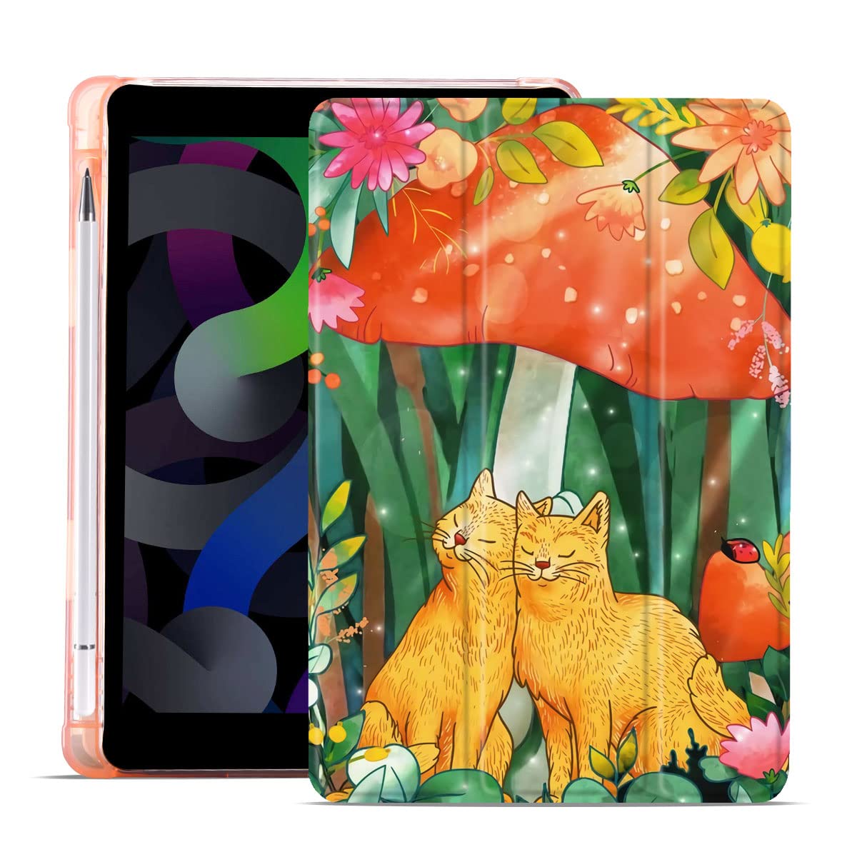 MAYCARI Muashroom and Cats Case for iPad Pro 12.9 inch 2021/2020/2018, Cute Case with Pencil Holder, Support Auto Sleep/Wake, Pink Soft TPU Back Protective Case for Girls Women Men — image 1