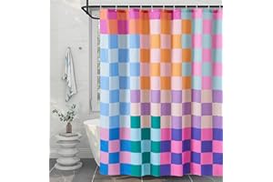 RoomTalks Multicolored Checkered Retro Fabric Shower Curtain for Bathroom Extra Long 72 Inches Length, Bright Rainbow Colorful Modern Simple Groovy Aesthetic Shower Curtain Set with Hooks
