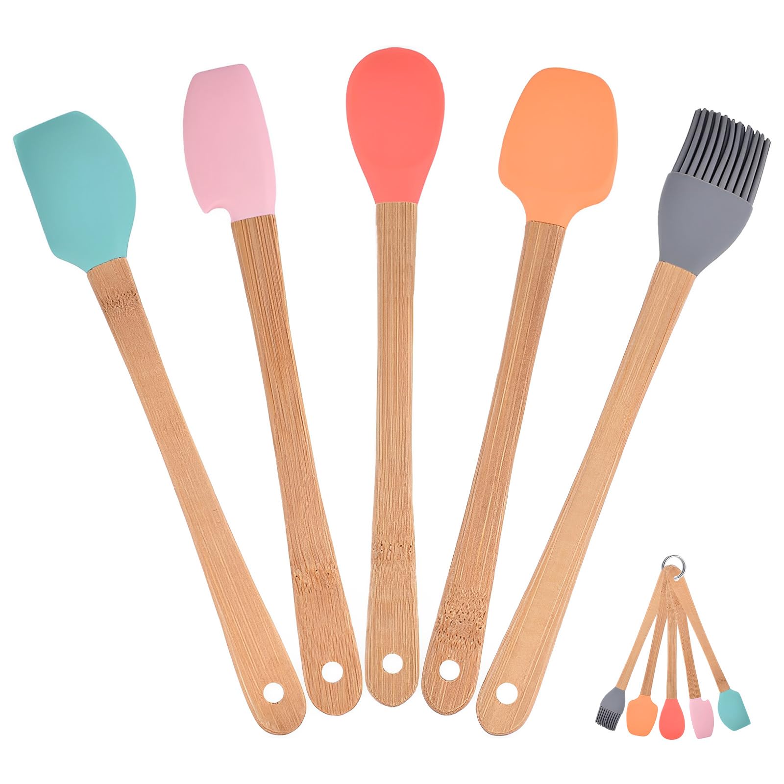 Jiayaus 5PCS Silicone Kitchen Utensils with Silicone Spatula, Cooking Spoon, Brush, Kitchen Utensils Set Utensil Set with Silicone Scraper Mini Spatula for Mixing Cooking Baking