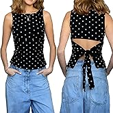 Women Y2k Polka Dots Boat Neck Tank Top Cute Sleeveless Slim Fitted Side Ruched Tie Back Vest Vintage Going Out Top