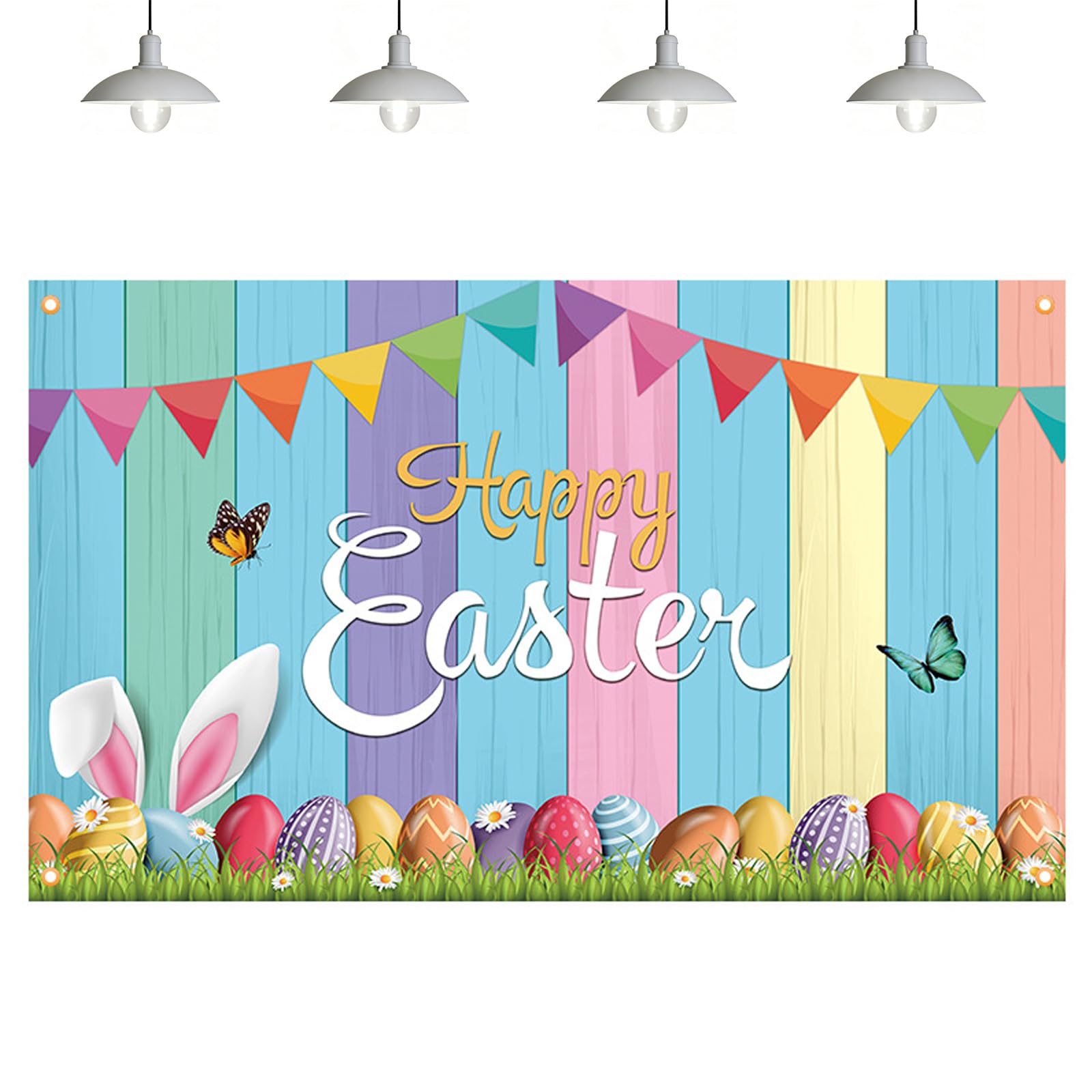 HattusaShield Happy Easter Banner Decorations,150 x 90cm Easters Backdrops with Eggs Rabbit Bunny with Eyelets, Photo Booth Props for Easter's Party Indoor Outdoor