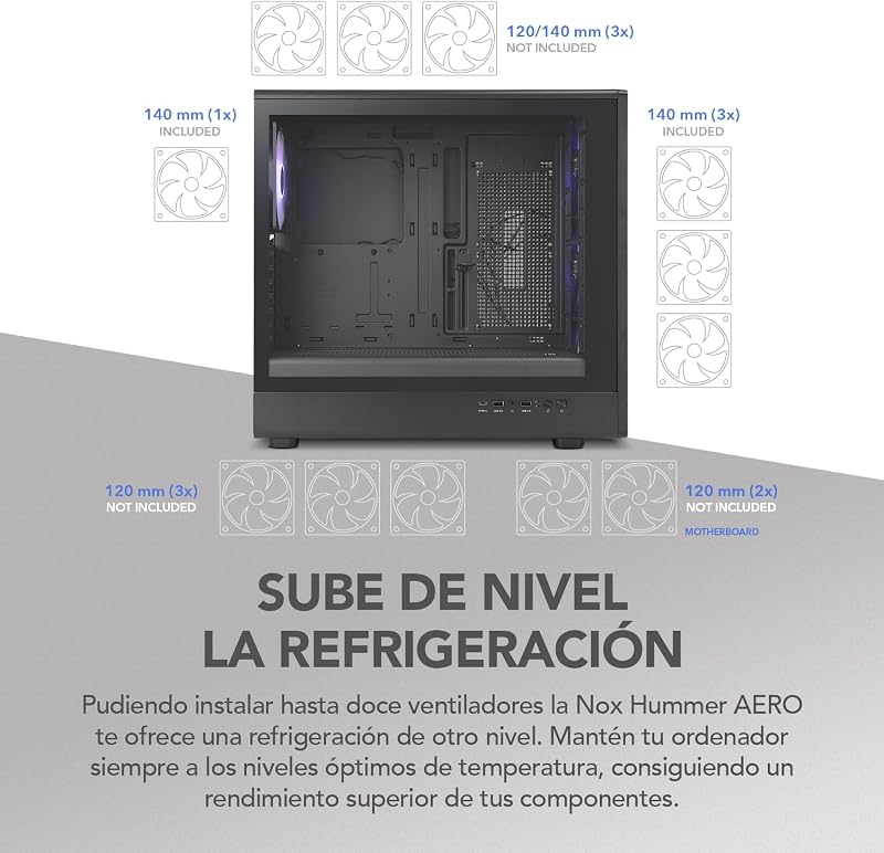 Hummer AERO – Semitorre ATX | M-ATX | ITX Incluye 4 Ventiladores ARGB PWM 140mm, Frontal Mesh, Lateral Cristal Templado, USB-C y USB 3.0, Soporte GPU 420mm, Filtro Magnético, Negro