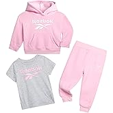 Reebok Toddler Girls Pants Set - 3 Piece Athletic Fleece Pullover Hoodie Sweatshirt, T-Shirt & Joggers Baby Girls Sweatsuit
