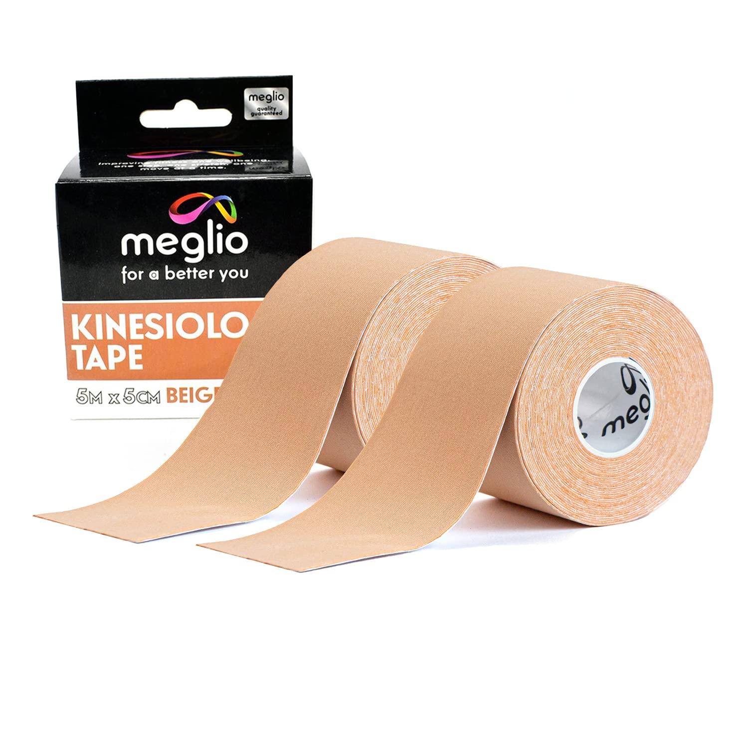 Meglio Kinesiology Tape - Uncut 5m Roll Sports Tape Strapping for Injuries, Support Muscle Tape, K Tape, Physio Tape, Trans Tape, Athletic Tape, Breathable & Waterproof | (Beige) 2 Rolls