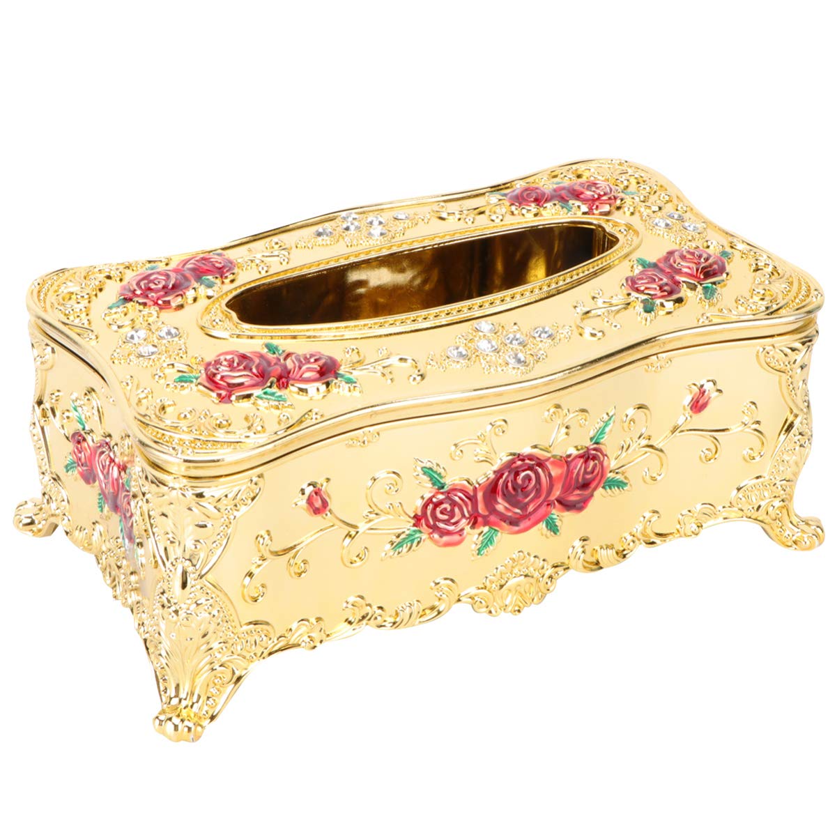 Cabilock Decorative Tissue Box Holder with Elegant Rose Pattern for Home Office and Bathroom - Removable Design Golden Finish