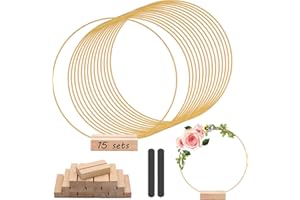 TROPHABLE 15Pcs 12 Inch Metal Floral Hoop Centerpiece with 15 PCS Wood Place Card Holders and Adjustable Foot Pads, Gold Wreath Macrame Hoop Rings Decorations for DIY Wedding Party Table Decor Dream Catcher
