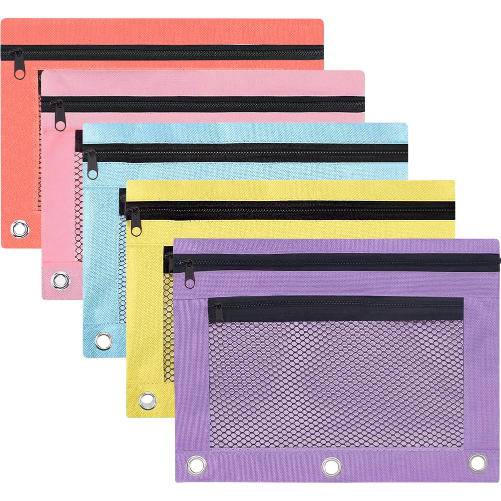 CRASPIRE 5Pcs Pencil Pouches Zippered for 3 Ring Binder with Smooth 5 Colors Zippers Dual-Pockets Mesh Window Pencil Case Cosmetic Bag Organizer for Storing Classroom Office Home Stationery Supplies