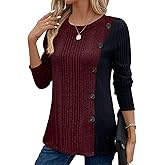BAISHENGGT Tunic Tops for Women Dressy Casual Color Contrast Long Sleeve Blouse Crew Neck Streetwear T Shirts