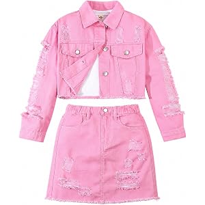 Zylvae Girls’ Vintage Denim Jacket and Skirt Set —Trendy Retro 2-Piece Outfit for Girls 7-14 Years