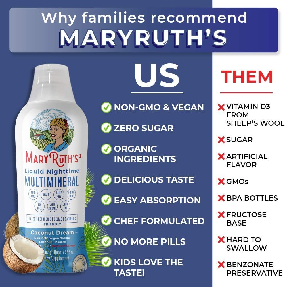 Liquid Sleep Multimineral by MaryRuth's (Coconut) Vegan Vitamins, Minerals, Magnesium, Calcium & MSM - Natural Sleep & Stress Aid - Muscle Relaxation - NO Melatonin - Non-GMO Paleo 0 Sugar 0 Fat 32oz: Health & Personal Care
