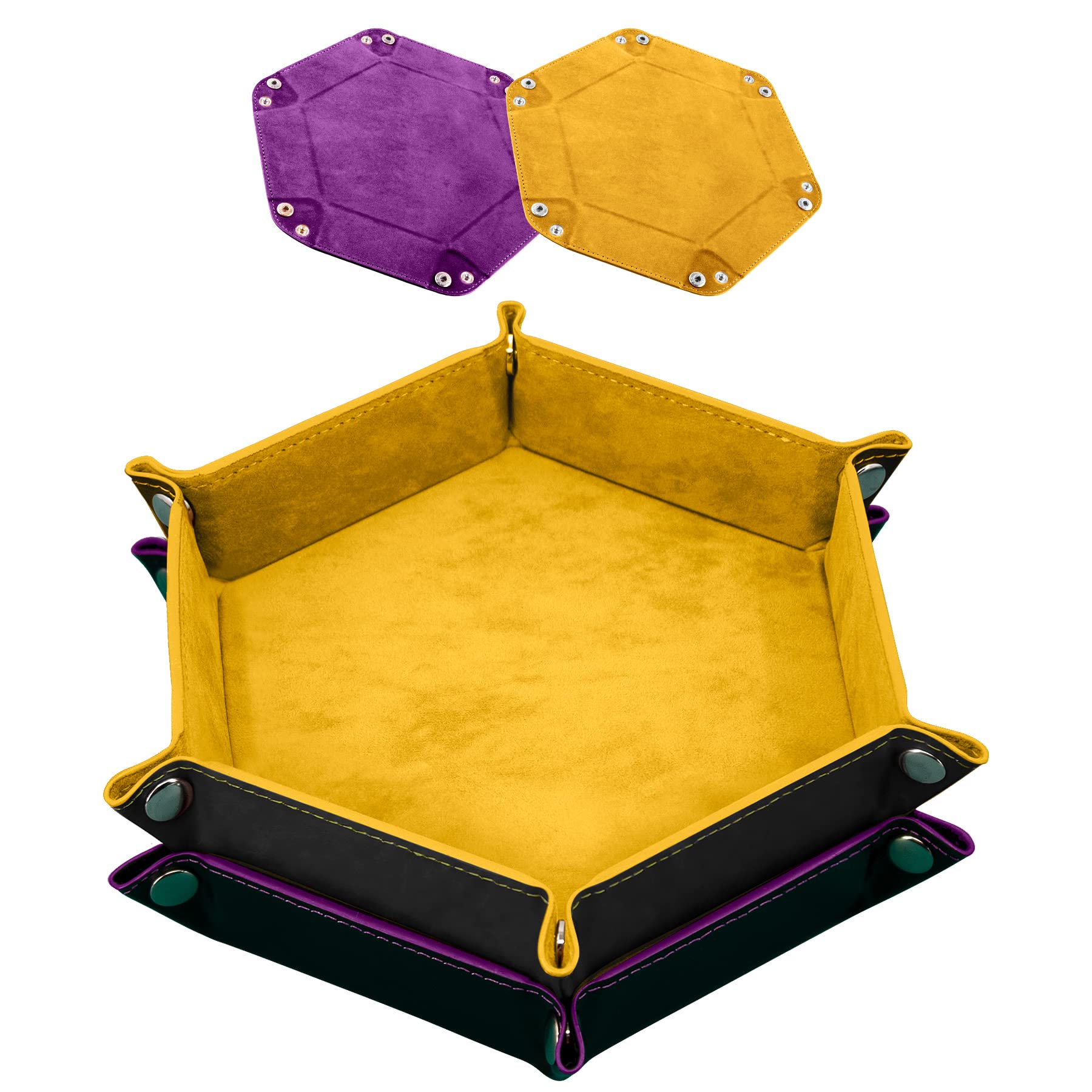 SIQUK 2 Pieces Dice Tray PU Leather Folding Dice Holder Hexagon Dice Rolling Tray for Dice Games Like RPG, DND and Other Table Games(Yellow, Violet)