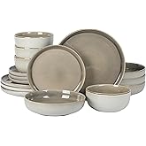 Gibson Elite Sunveil 16 Piece (Service for 4) Plates and Bowls Reactive Glaze Round Dishes Stoneware Ceramic Dinnerware Set - Light Taupe