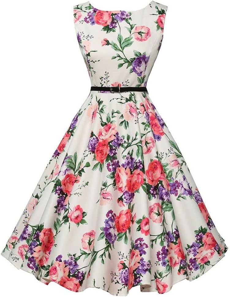 Roiper Dresses,Women Vintage Floral Dress Elegant 1950s Hepburn Style Swing Dress Sleeveless Casual Rockabilly Party Dress