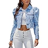 SEMATOMALA Women's Casual Ripped Puff Sleeve Button Front Jean Denim Jacket Long Sleeve Cropped Spring Coat