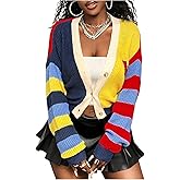 Milumia Women's Rainbow Striped Button Front Crop Cardigan V Neck Long Sleeve Knit Sweaters