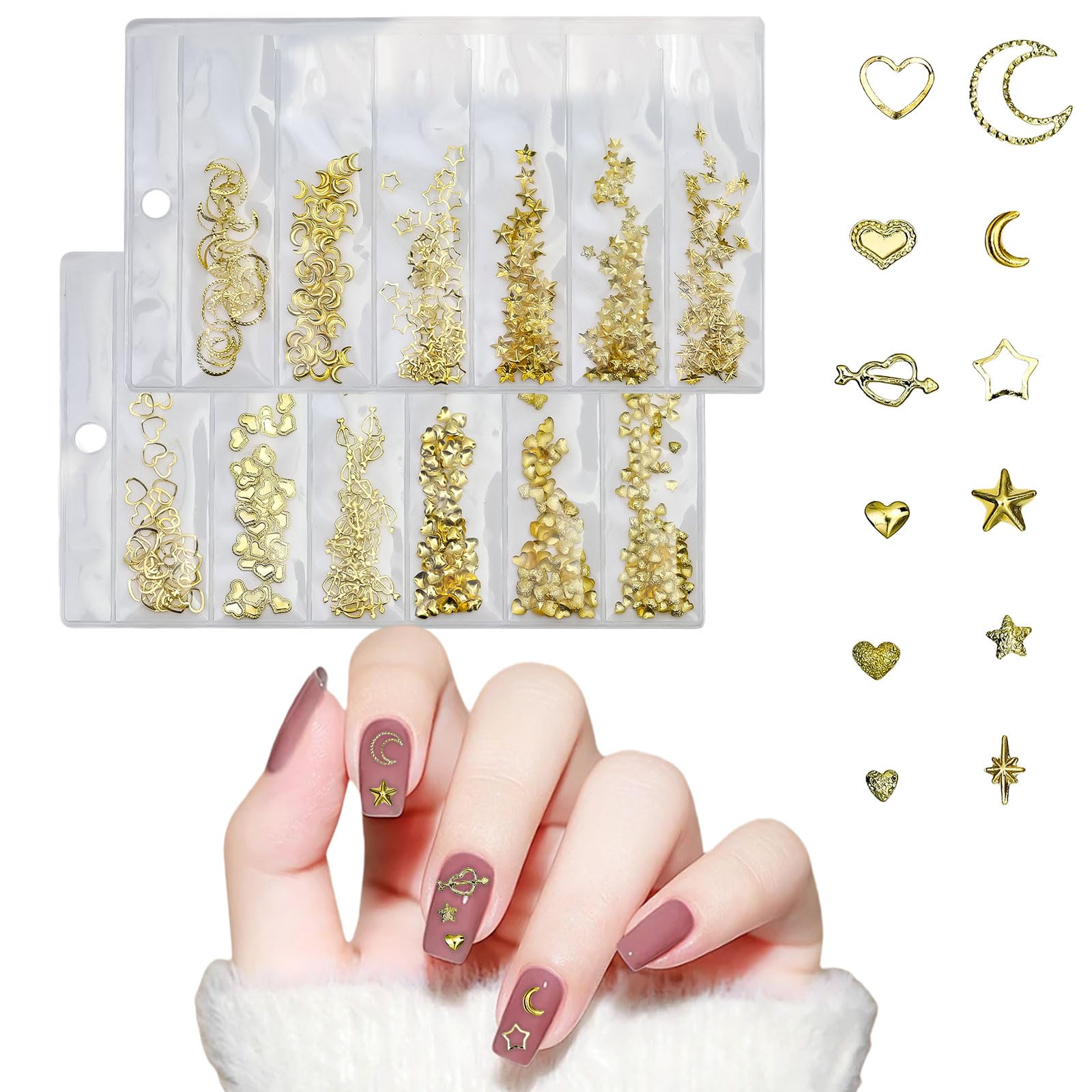 Gold Star Nail Charms, 600 Pcs Moon Hearts Nail Art Charms Nail Studs Punk Metal Rivet Stickers Nail Jewels 3D Nail Art Decorations Accessories for Women Girls Nail Design DIY Crafts (Gold)