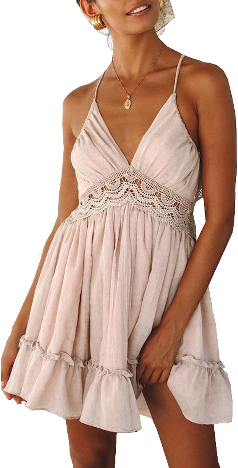 Murimia Women's V-Neck Spaghetti Strap Backless Floral Lace Mini Skater Dress