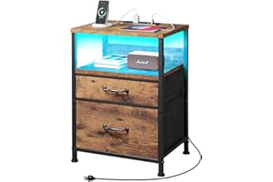 YeTom Nightstand with Charging Station, LED Night Stand with 2 Fabric Drawers, Side Table with Open Shelf, End Table with Steel Frame, 2 Drawer Dresser for Bedroom, Easy Assembly, Brown
