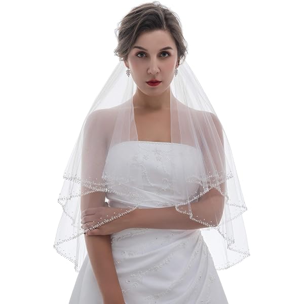 2T 2 Tier Beaded Scallop Edge Bridal Veil - Light Ivory  display picture 2