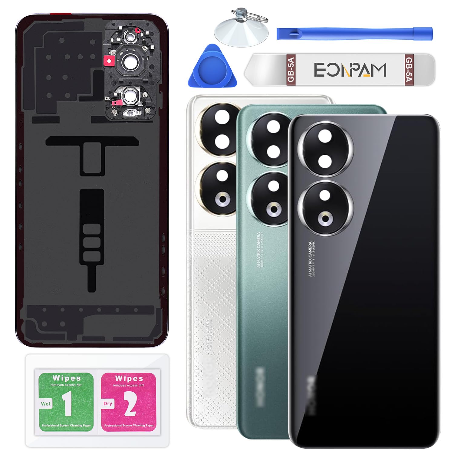 Eonpam Back Cover Glass for Honor 90 Rear Glass Replacement with Camera Lens + Repair Kit Genuine Rear Housing (Black)