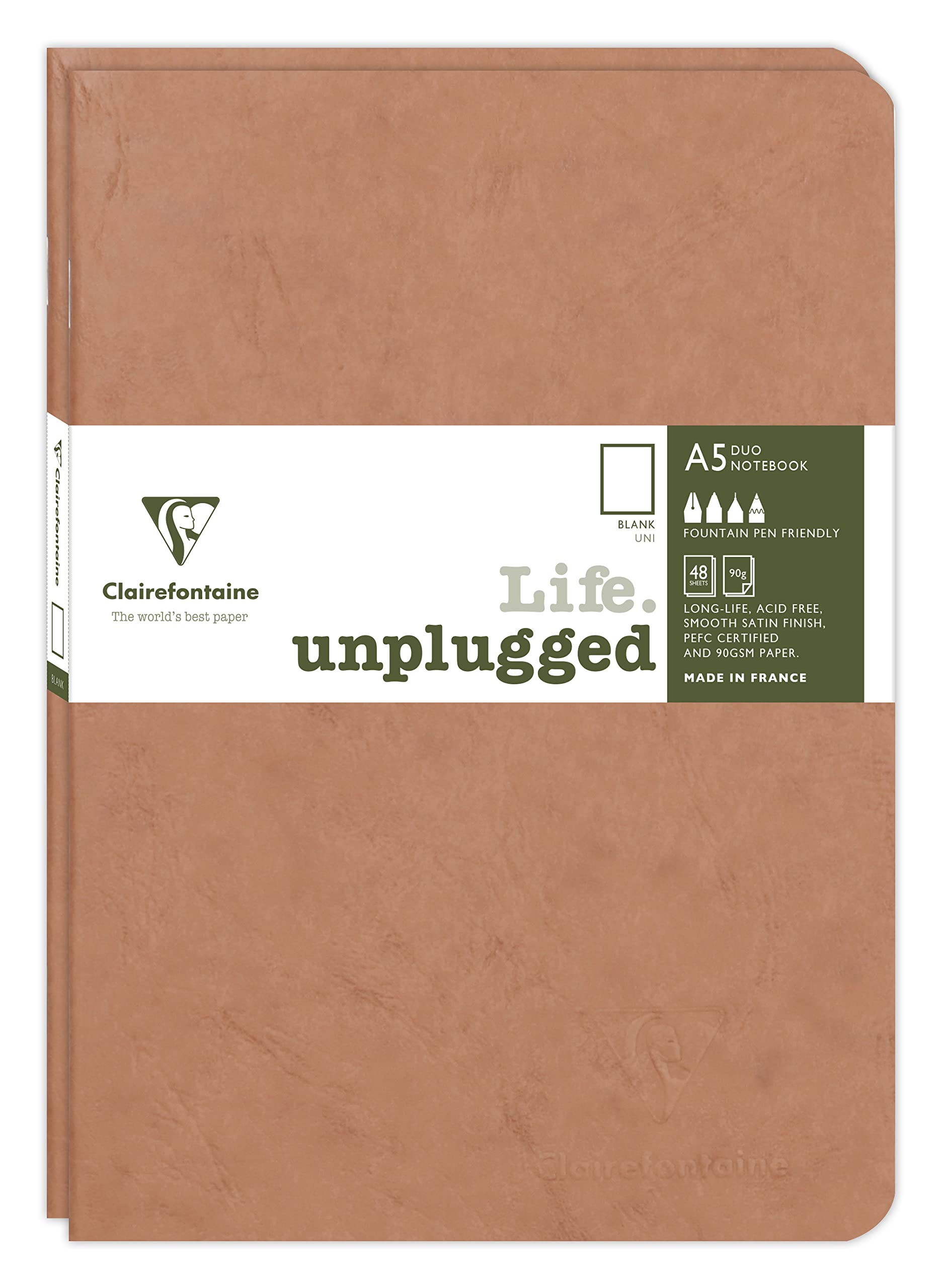 Clairefontaine 733186C Collection Age Bag Set of 2 Tobacco Duo Stapled Notebooks - A5 15.8x21cm - 96 Plain White Pages - 90gsm Paper - Leather Grain Card Cover