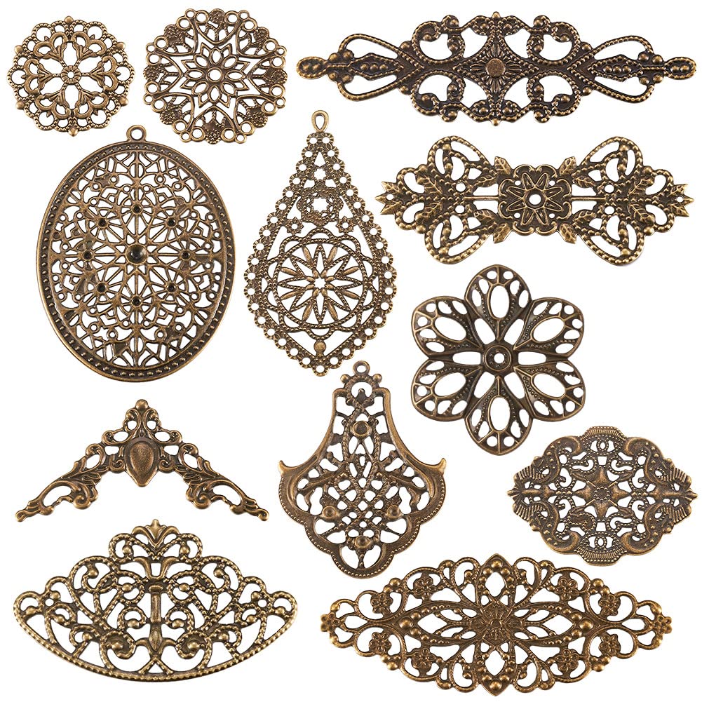 Craftdady 120pcs 12 Styles Filigree Connector Pendants Antique Bronze Hollow Out Metal Embellishments for DIY Hairpin Headwear Jewelry Making