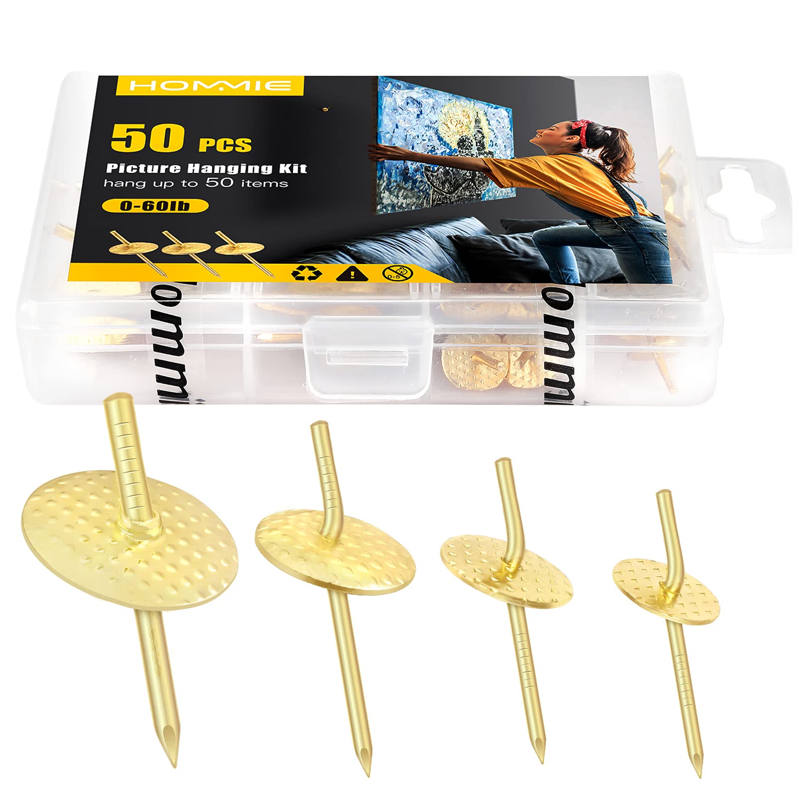 50PCS Picture Hangers with 4 Different Sizes,Hommie Heavy Duty Picture Hooks with Nails,Picture Hanging Kit for Picture Frame Fixing,Suitable for Most Items in The Home or Office