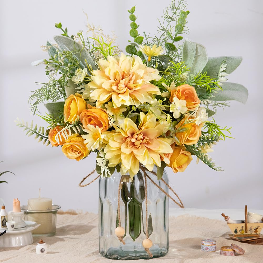 Photo 1 of LESING Silk Dahlia Artificial Flower with Vase, Fake Faux Rose Flowers Bouquets in Vase for Home Office Table Decoration (Dahlia-Yellow)
