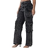 Ryehack Jeans Cargo Pants for Women Y2K Straight Leg Side Zipper Denim Pants with Pockets Stretch Jeans Streetwear