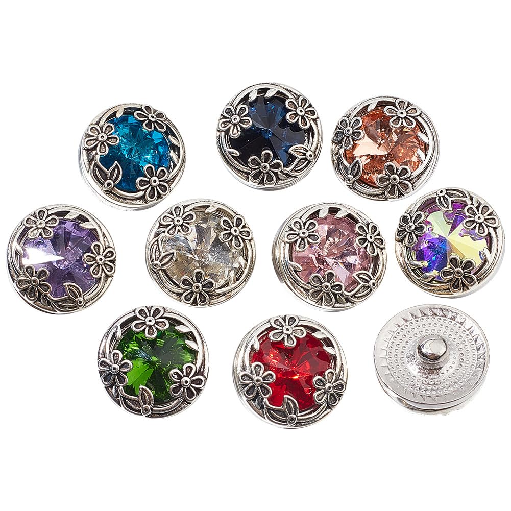DELORIGIN 10pcs Flower Snap Button Alloy Crystal 20mm Snap Buttons Jewelry Charms Interchangeable Snaps for Jewelry Making Women DIY Bracelets Bangles Necklaces Rings Brooch Accessories