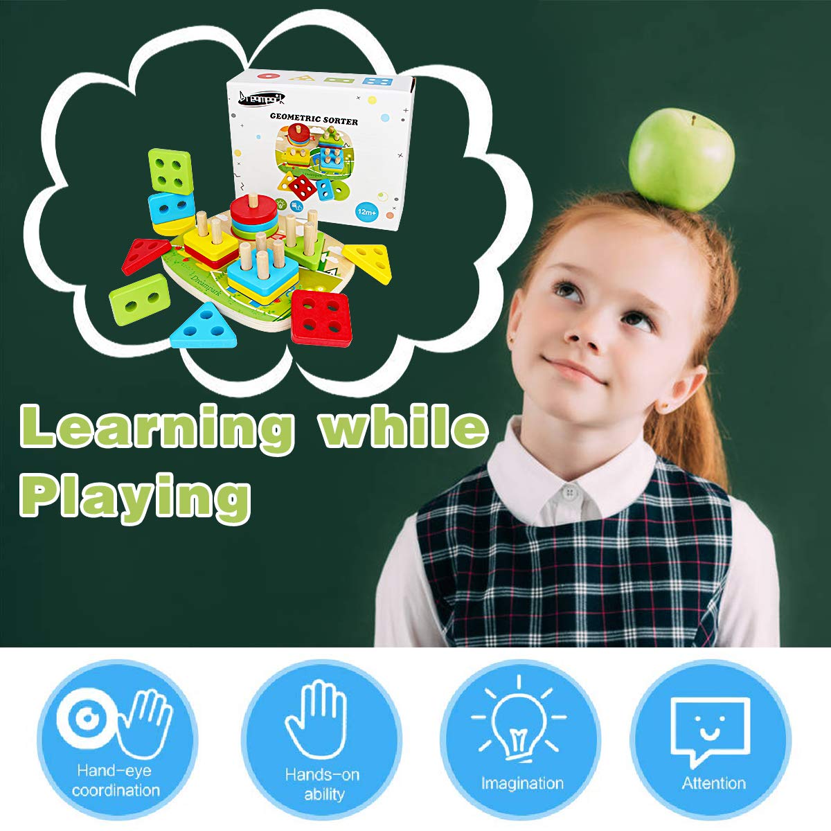 Dreampark Educational Toddler Toys for Boys Girls Age 1 2 3 4 and Up, Wooden Shape Color Recognition Preschool Stack and Sort Geometric Board Blocks for Kids Children, Non-Toxic