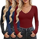 Huukeay 3 Pack Women's V Neck Long Sleeve Shirts Layering Undershirts Slim Fit Ladies Tops Underscrub Basic Tees