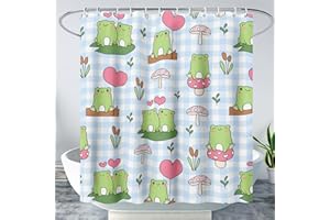 AILONEN Kawaii Frog Shower Curtain,Cute Cartoon Mushroom Frog Bath Curtain,Romantic Frog Couple Hearts Printed Waterproof Blue Stripe Curtain, 72" W x 72" H