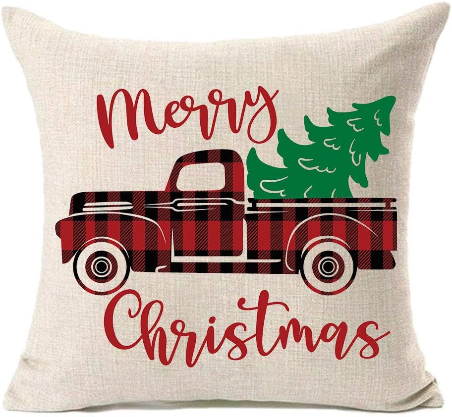 MFGNEH Merry Christmas Truck and Christmas Tree Throw Pillow Covers Christmas Decorations Cushion Cover 18 x 18 Inch Cotton Linen for Sofa,Christmas Decor