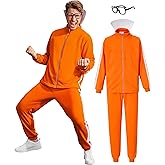 Arvilhill 3 Pcs Men's Inventor Villain Costume Halloween Party Adult Orange Sports Suit With Pants Glasses (S-3XL)